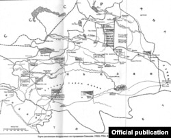 Расположение частей созданной и контролируемой советниками из СССР армии Шэн Шицая, 1936 г. Источник: Наземцева Е.Н. Русская эмиграция в Синьцзяне (1920-1930-е гг.). – Барнаул, 2010