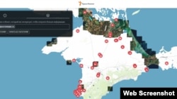 Скрин интерактивной карты Крымского полуострова, созданной Крым.Реалии, с отмеченными местами ударов, взрывов и пожаров, предположительно, вследствии атак ВС Украины