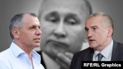 Сергей Аксенов и Владимиров Константинов на фоне Путина. Коллаж